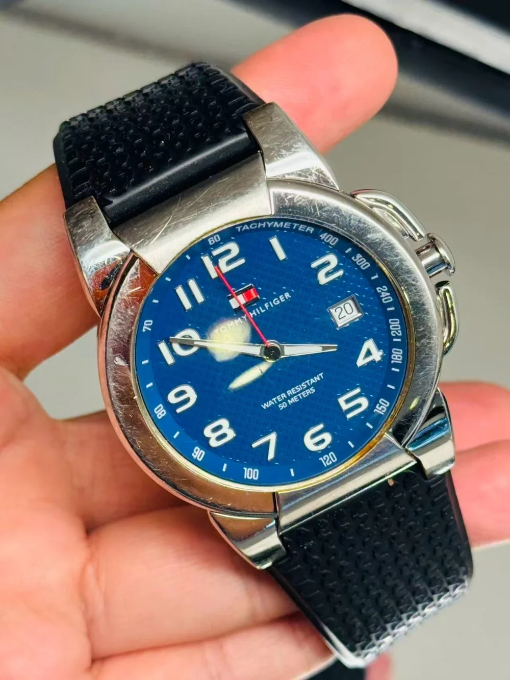 Tommy Hilfiger Men’s Watch Blue Dial Date 41mm Rubber Strap New Battery Runs